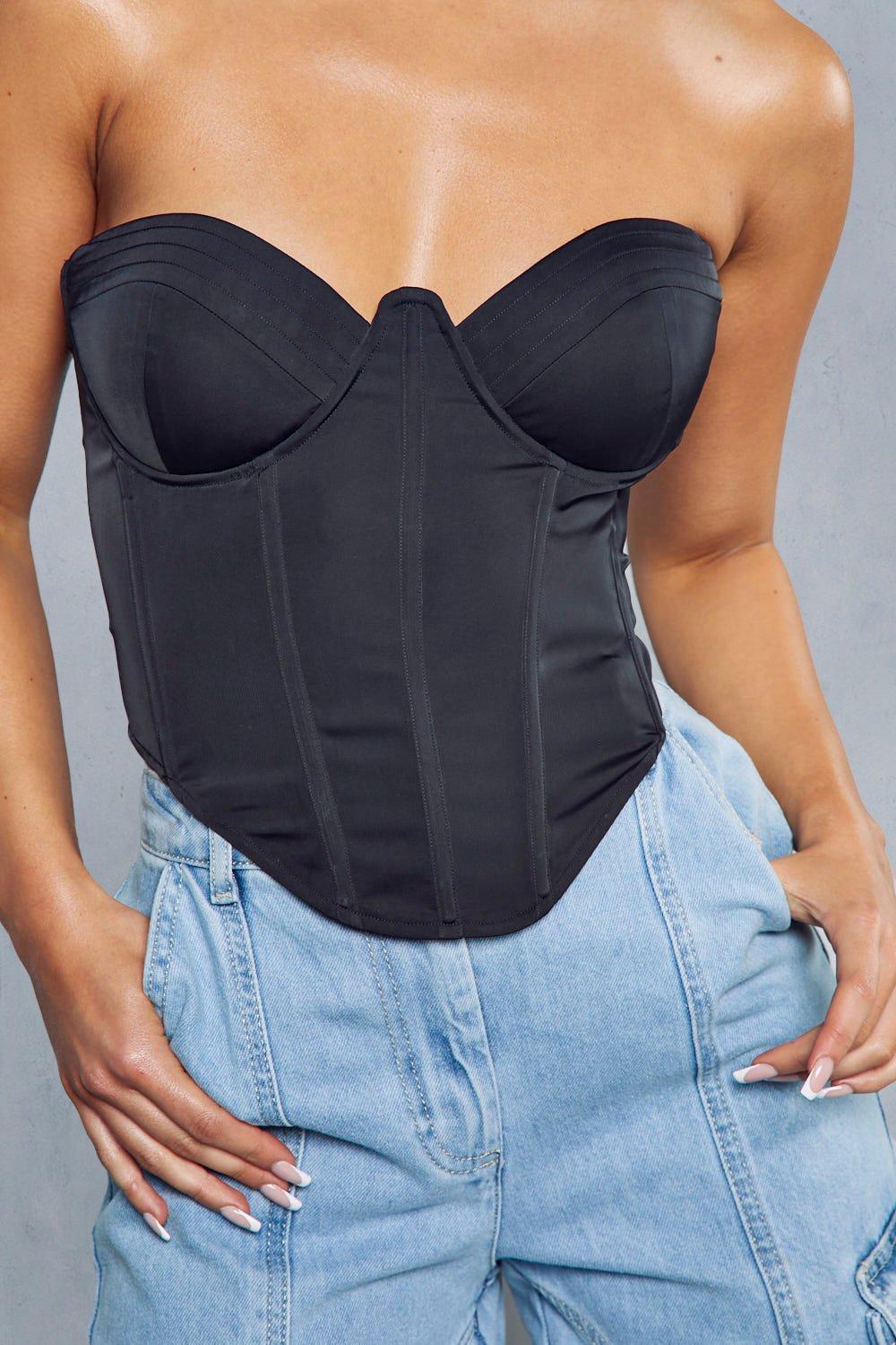 Buy MissPap Stitched Cup Detail Plunge Corset Top In Black