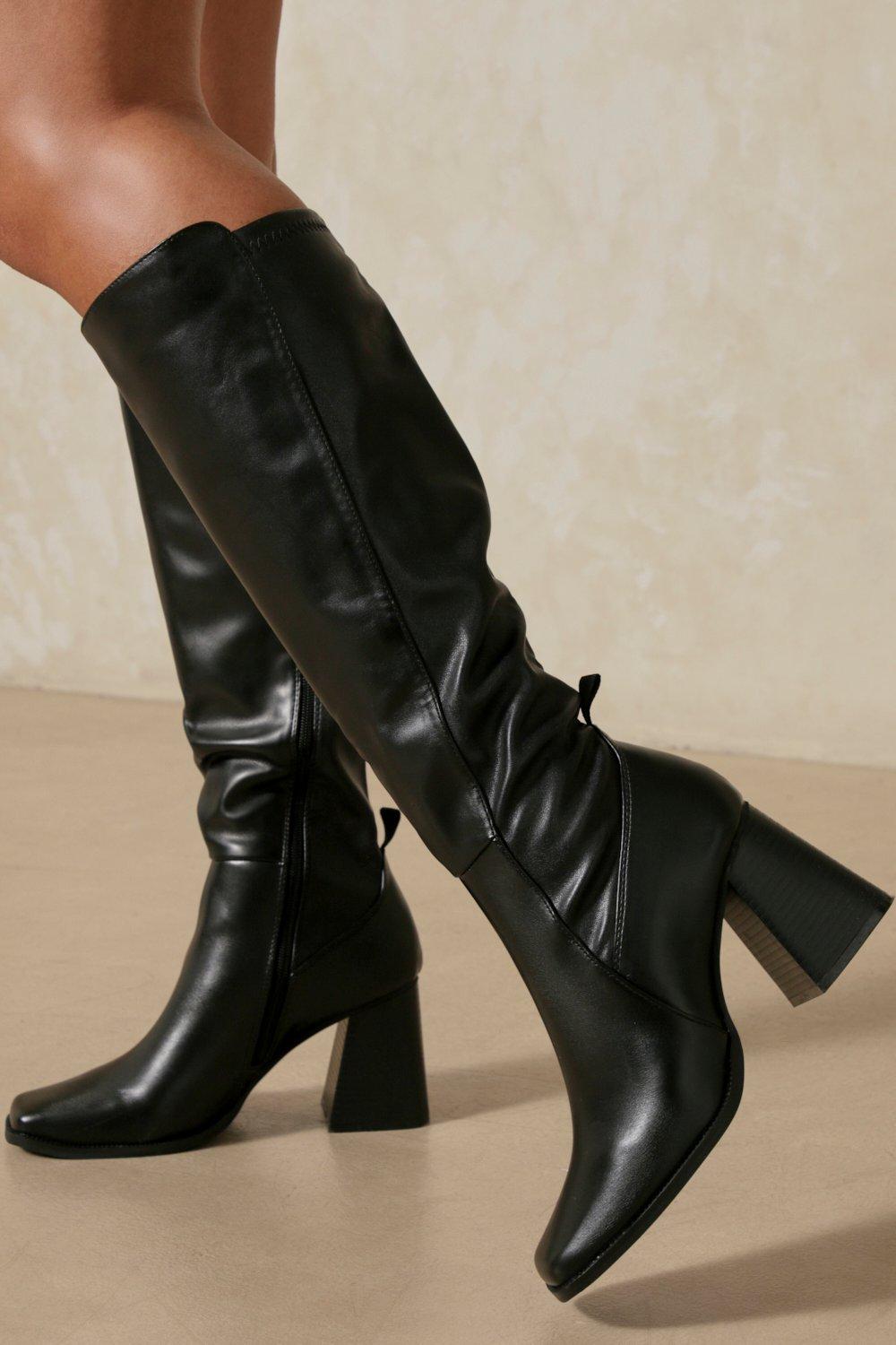 Boots | Leather Look Panelled Knee High Boots | MissPap