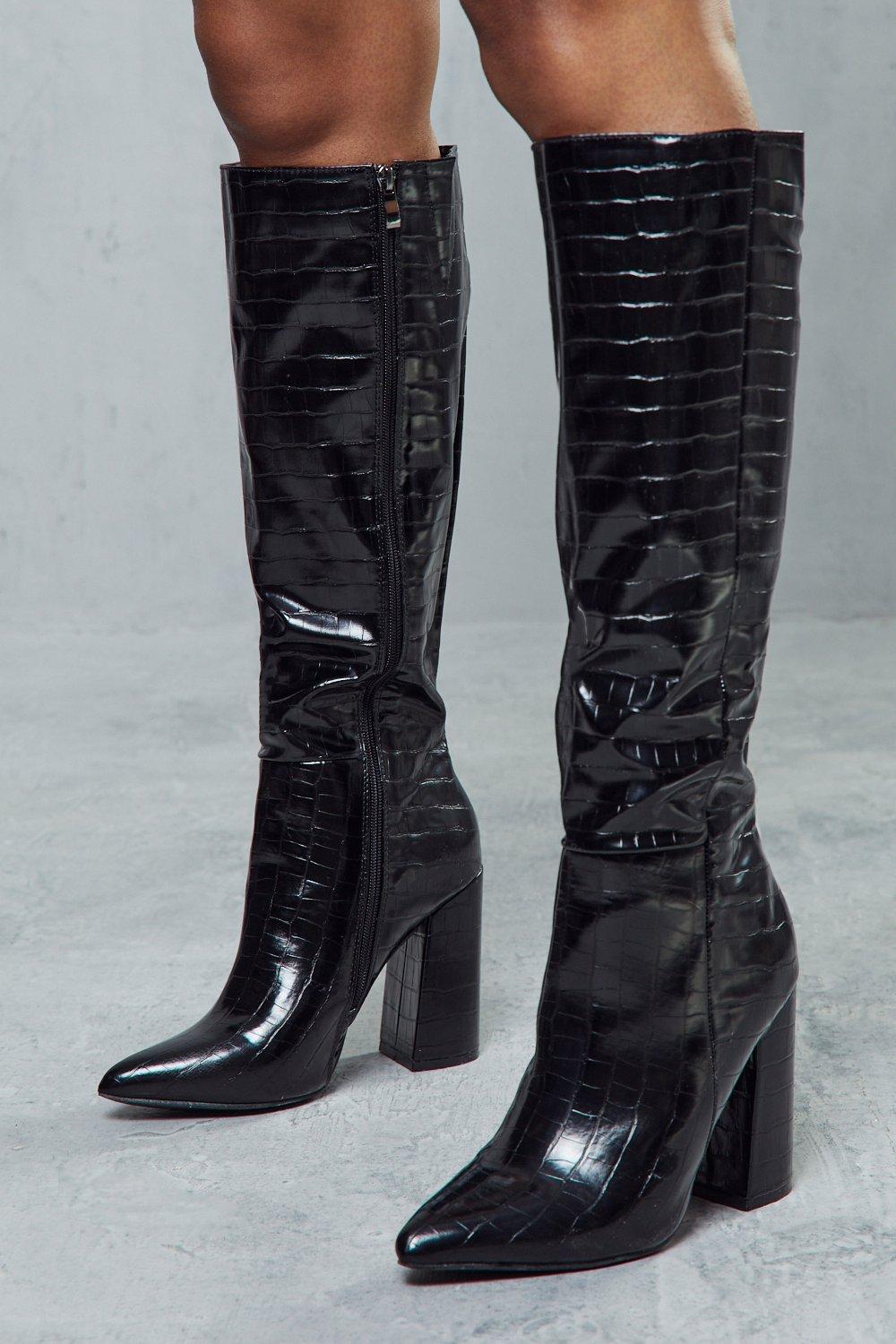 womens croc knee high heeled boots - black - 8, black