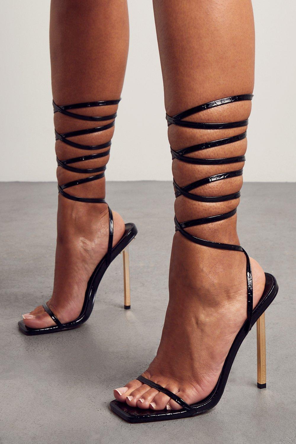 Strappy thigh high outlet lace up heels