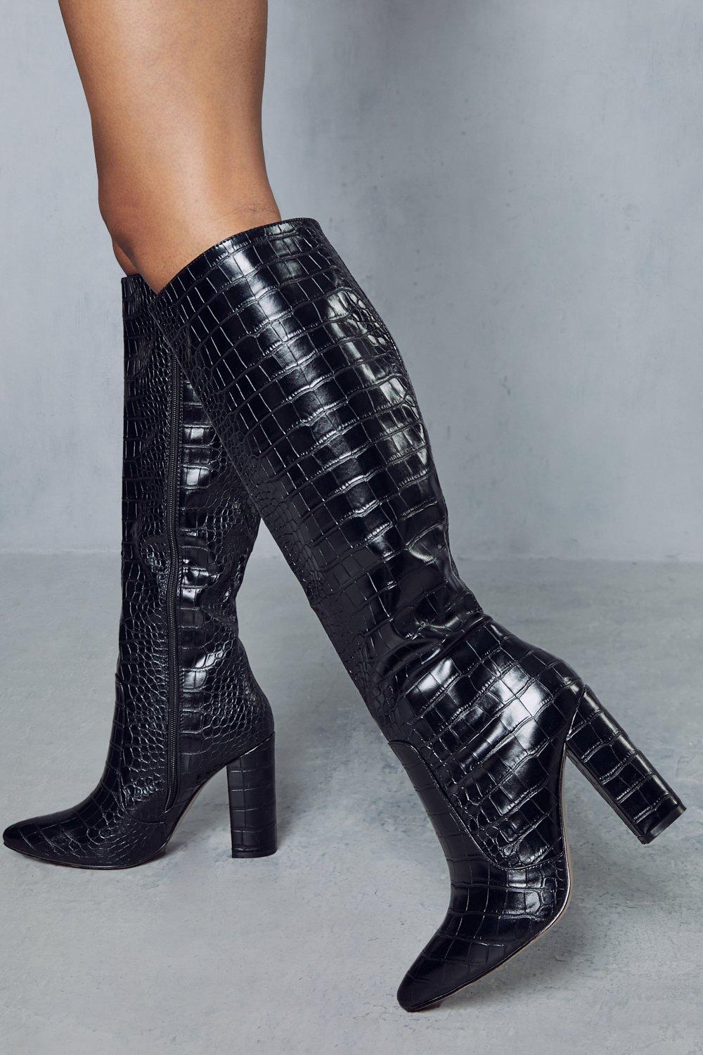 womens croc knee high heeled boots - black - 3, black