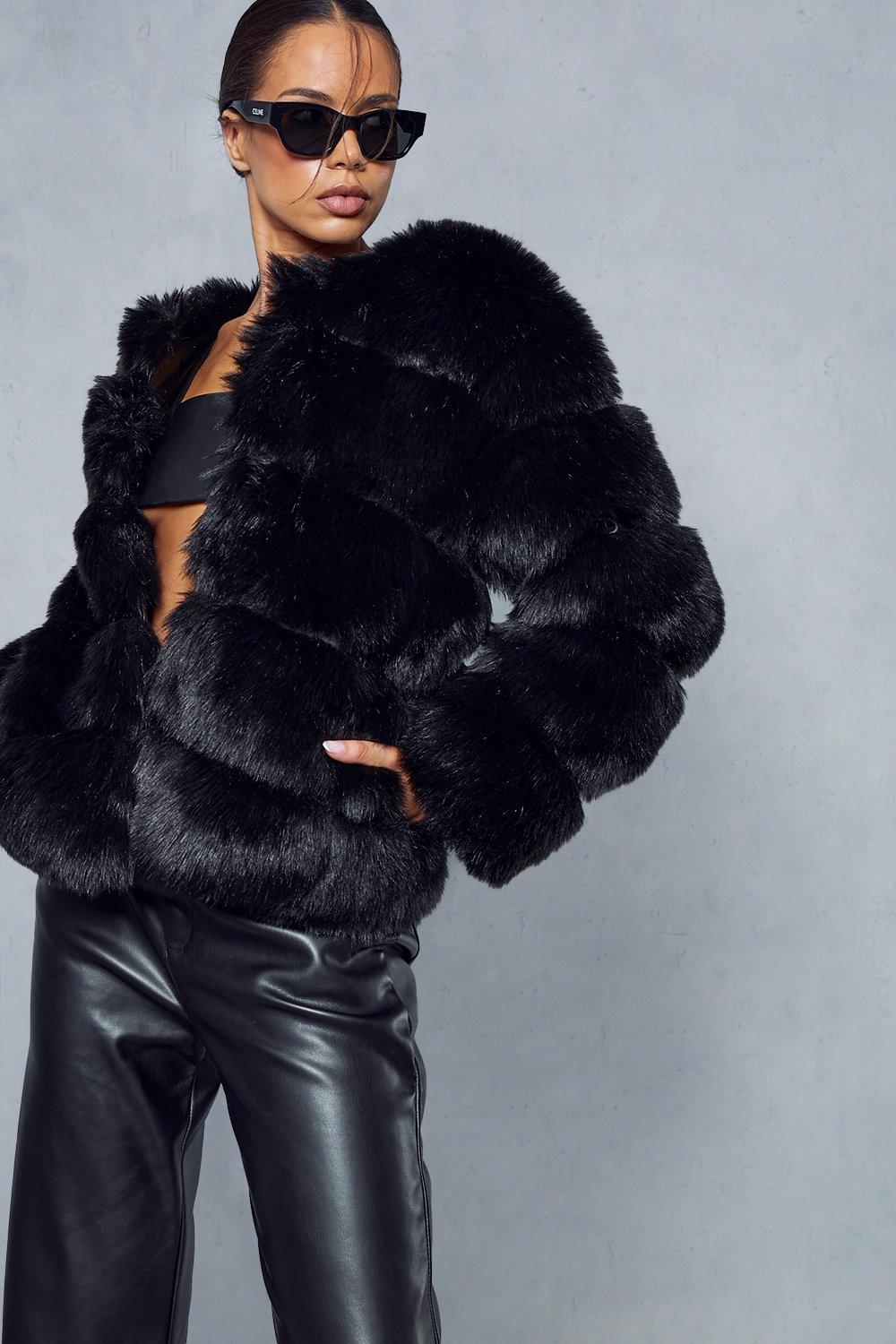 womens faux fur panelled coat - black - 16, black