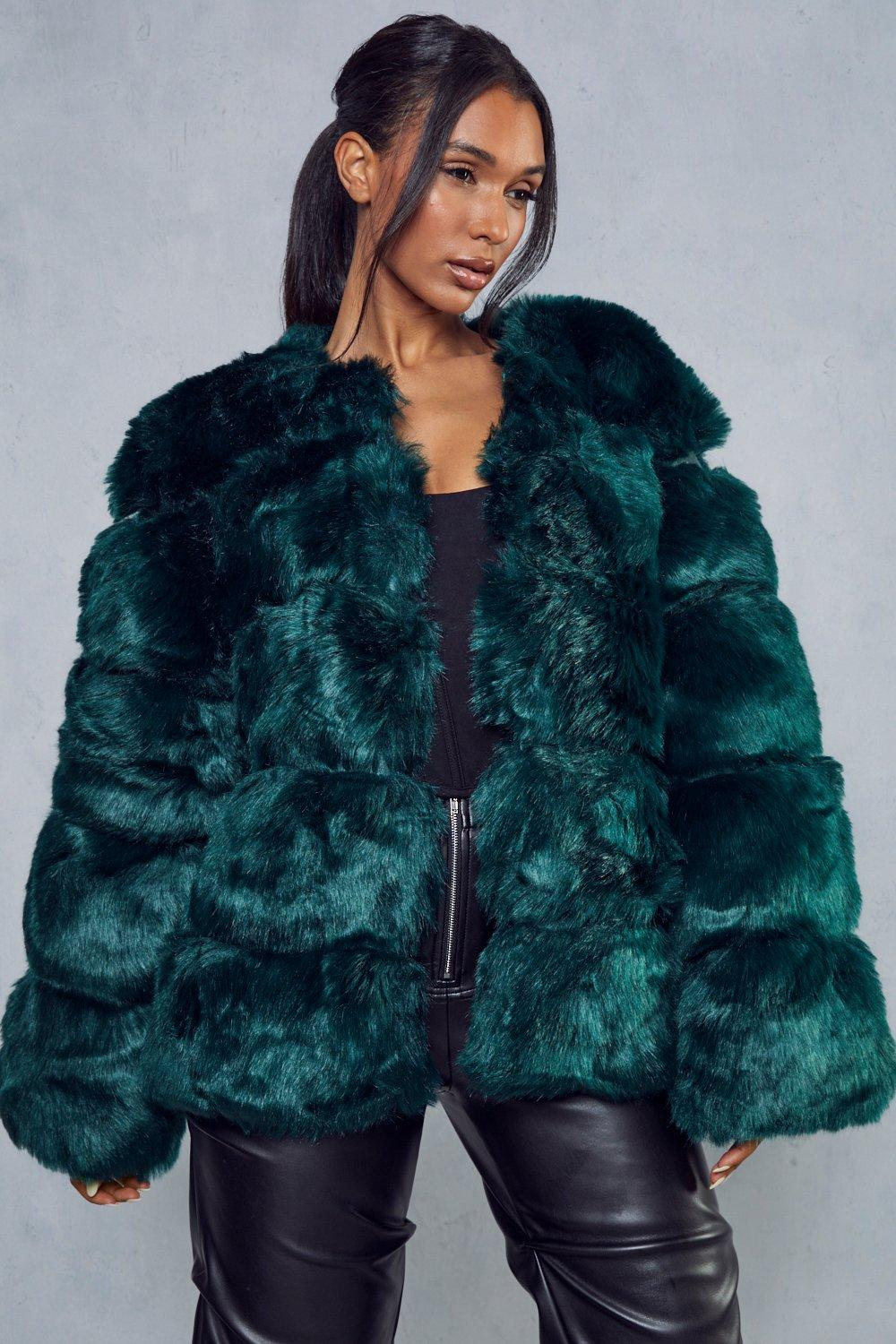 womens faux fur panelled coat - emerald - 8, emerald