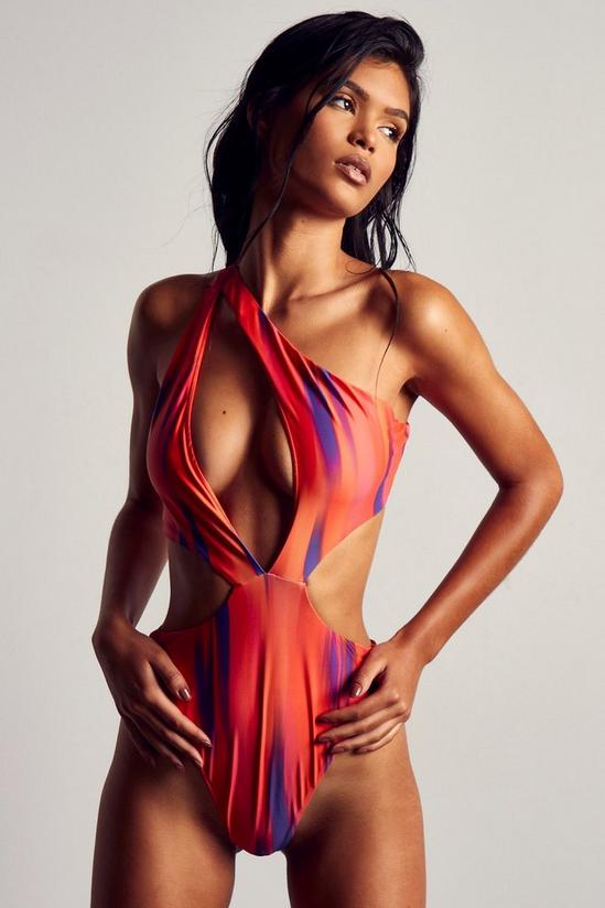 MissPap Abstract Print One Shoulder Plunge Swimsuit 1