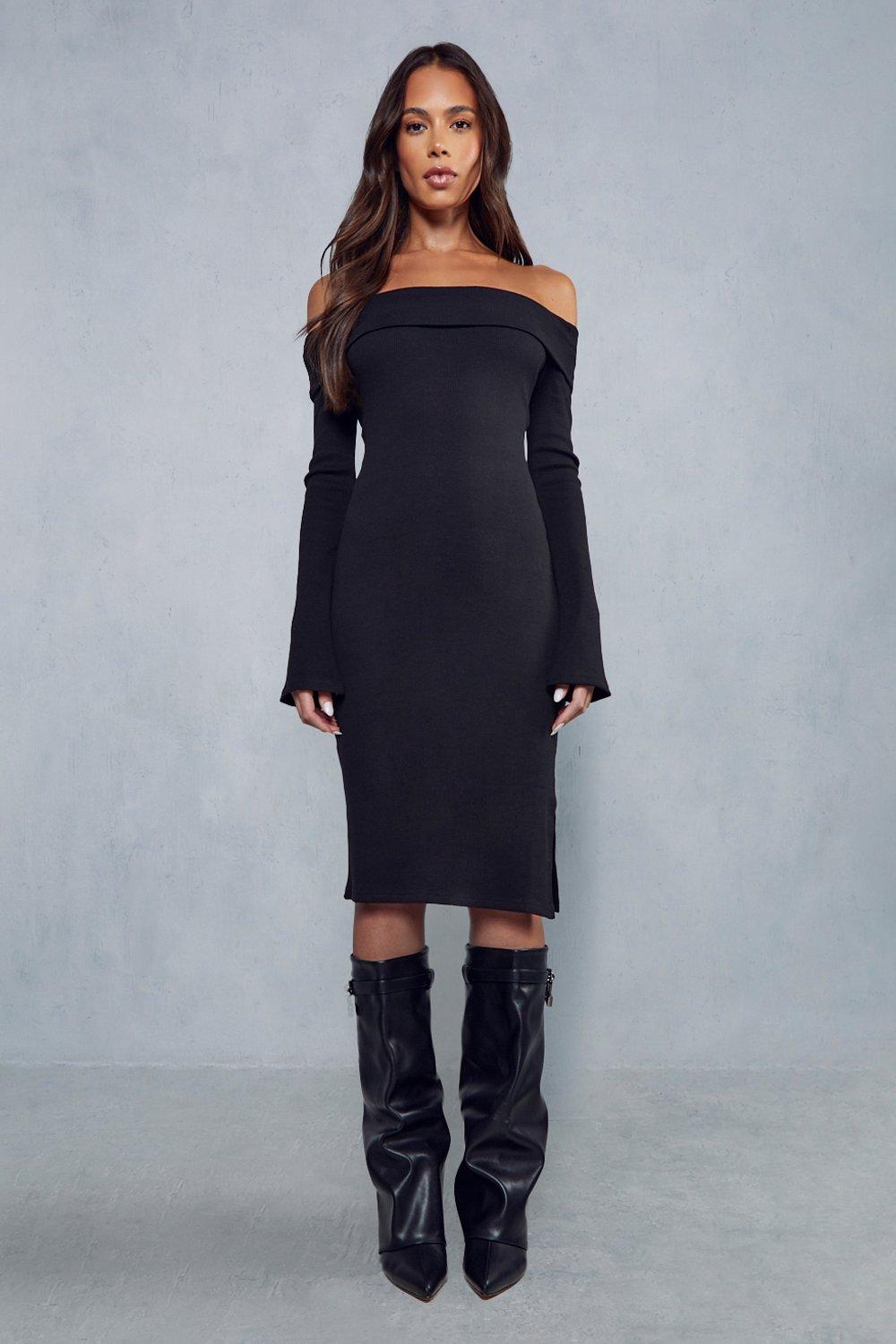 Ribbed off shoulder midi clearance dress