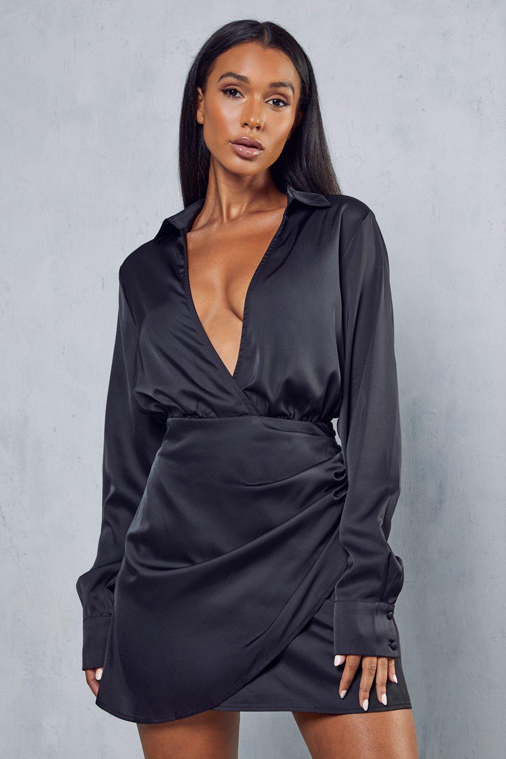 Black wrap best sale satin dress