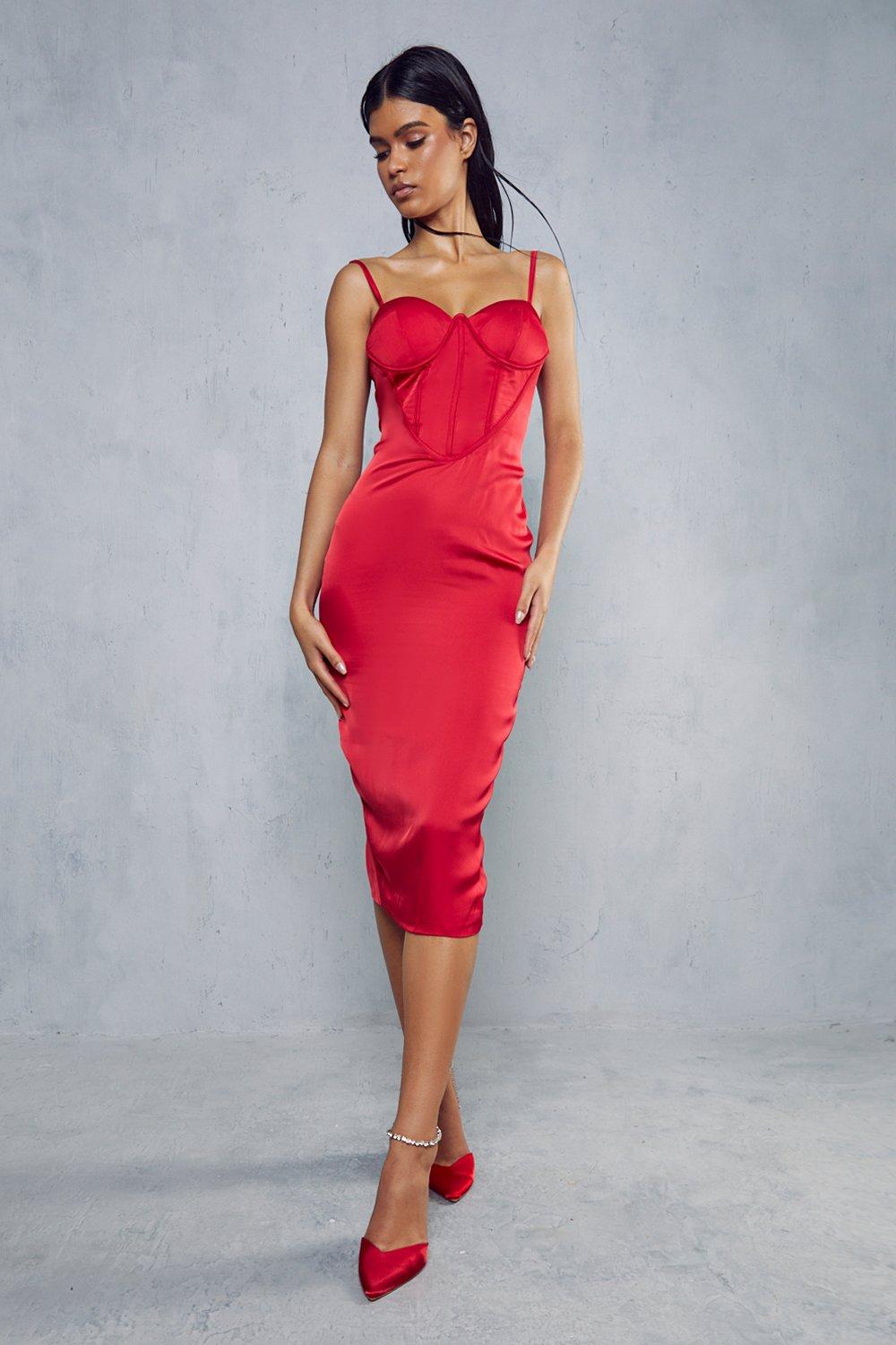 Dresses | Premium Satin Corsetry Bodycon Midi Dress | MissPap