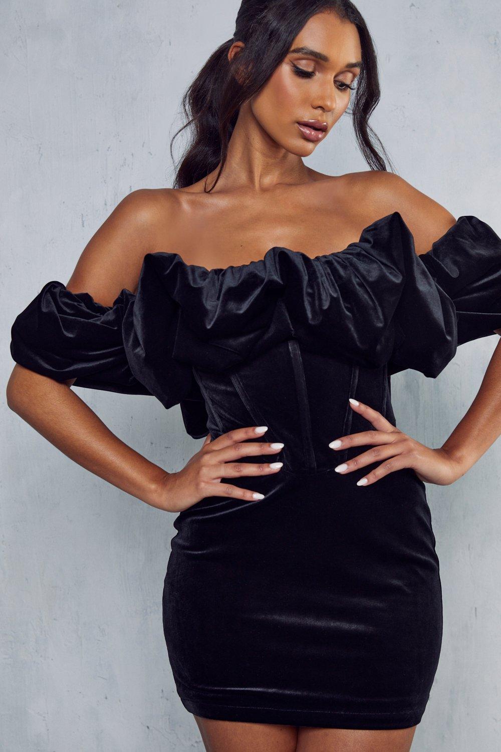 WFG BLACK VELVET CORSET DRESS WITH PUFF-SLEEVE