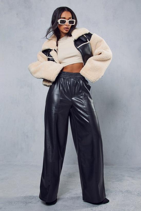 MissPap Leather Look Ruched Waist Wide Leg Trousers 1
