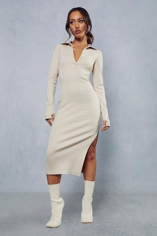 MissPap Premium Ribbed Collared Long Sleeve Slit Leg Midi Dress 1