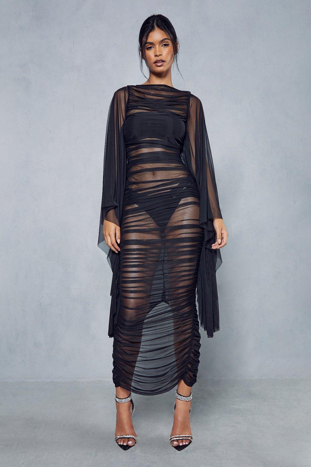 Black Extreme Ruched Sheer Mesh Dress