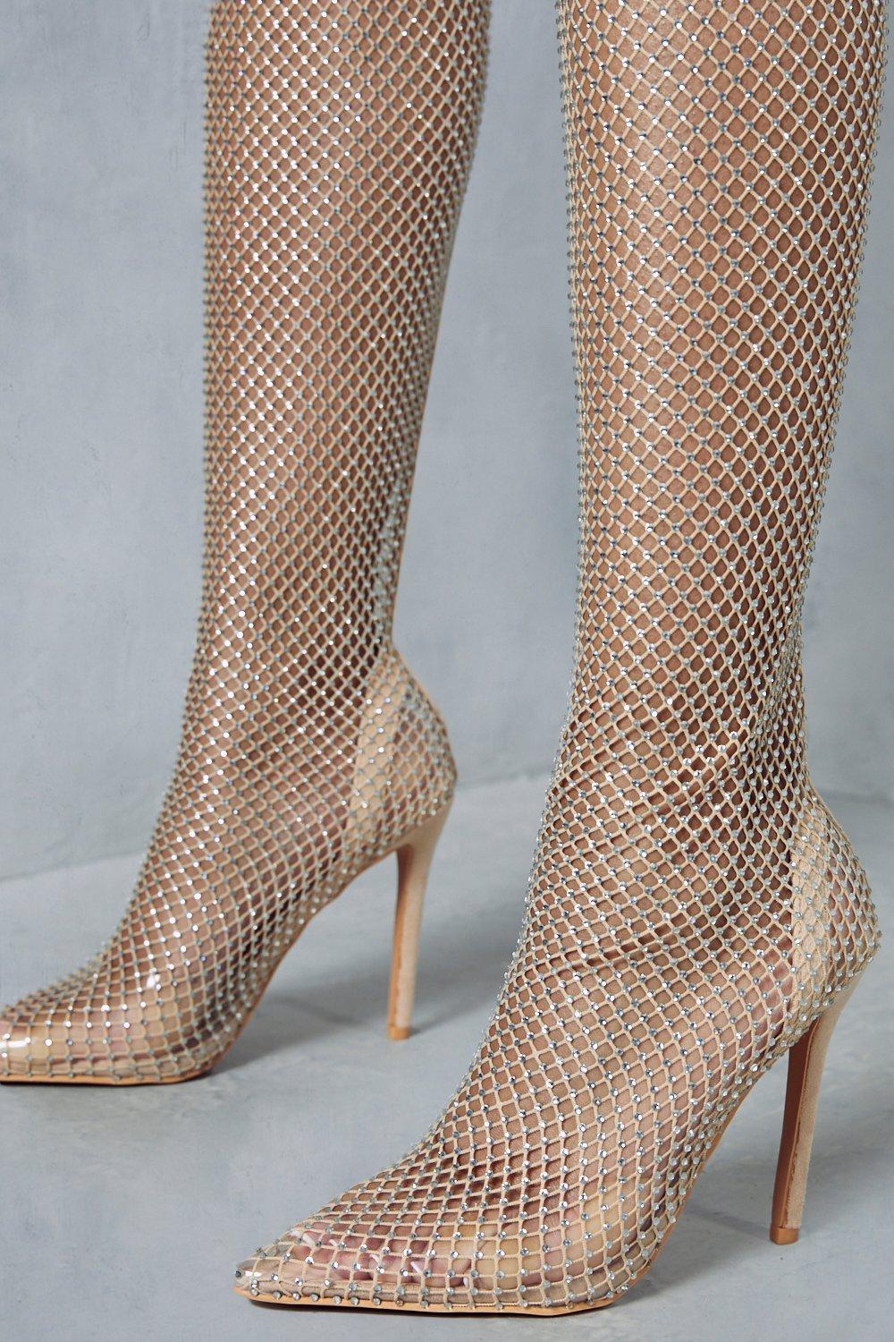 Black Diamante Fishnet Over The Knee Thigh High Long Sock Boots -  ShopperBoard