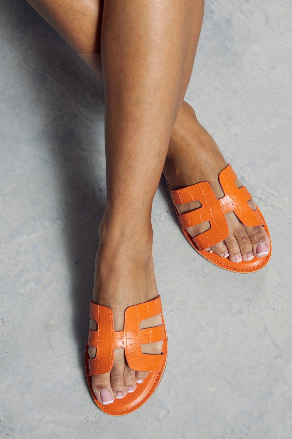 womens croc leather look cut out sandals - orange - 6, orange