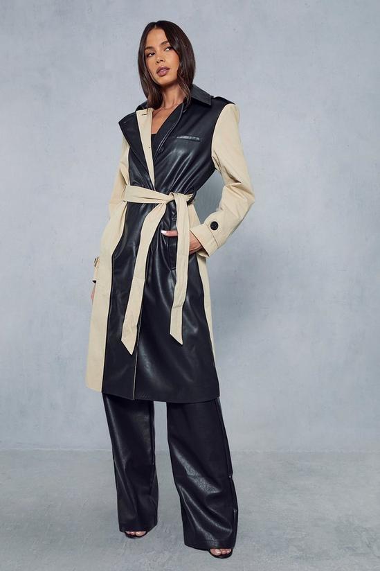 MissPap Contrast Woven Leather Look Panelled Trench Coat 1