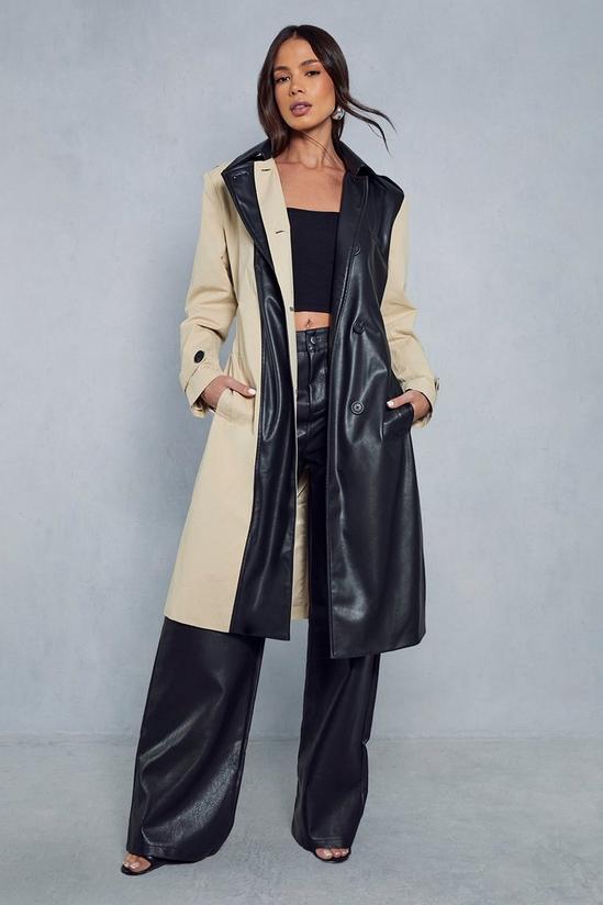 MissPap Contrast Woven Leather Look Panelled Trench Coat 5