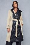 MissPap Contrast Woven Leather Look Panelled Trench Coat thumbnail 6