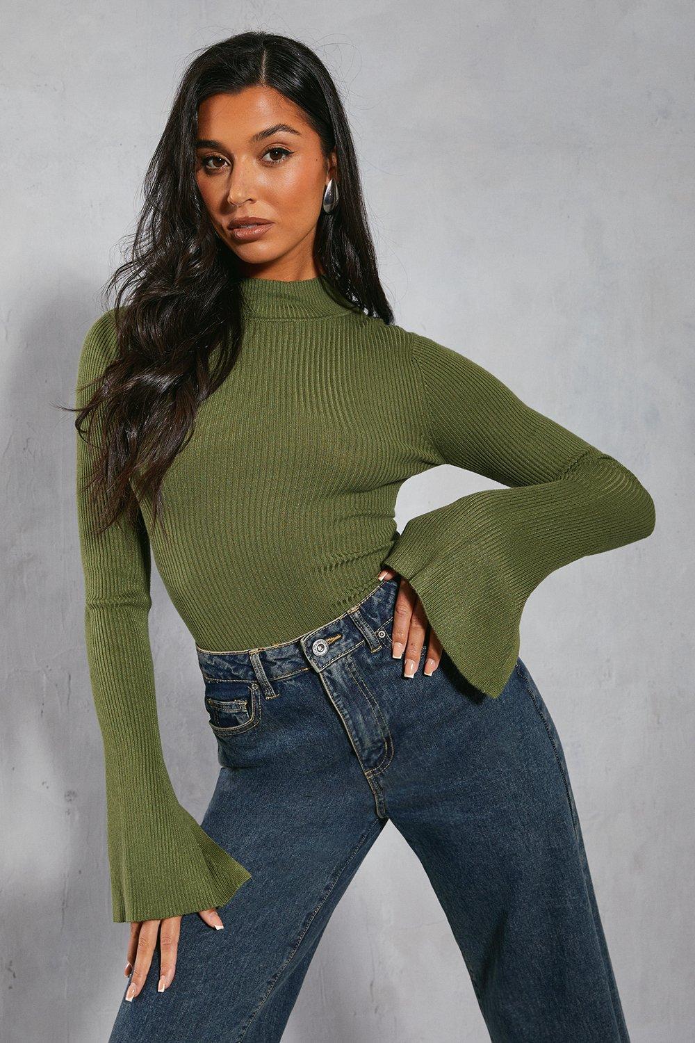 Buy MissPap Knitted Ribbed High Neck Top In Khaki