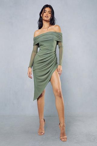 Dresses, Premium Mesh Ruched Asymmetric Midi Dress