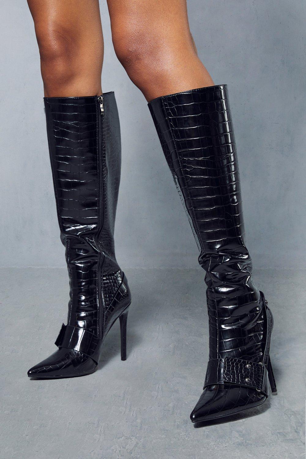 womens leather look croc heeled boots - black - 3, black