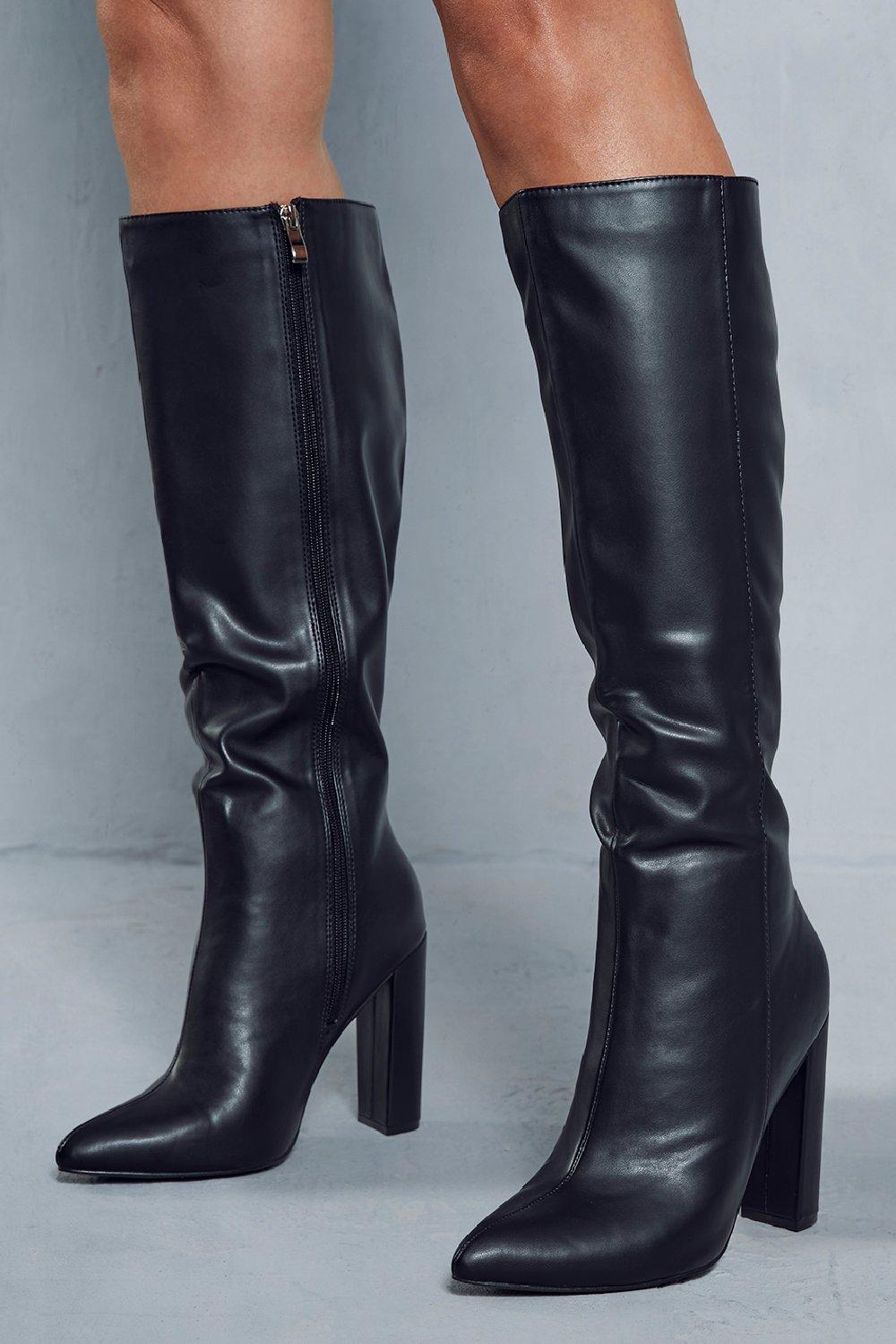 Boots Leather Look Block Heel Knee High Boots MissPap