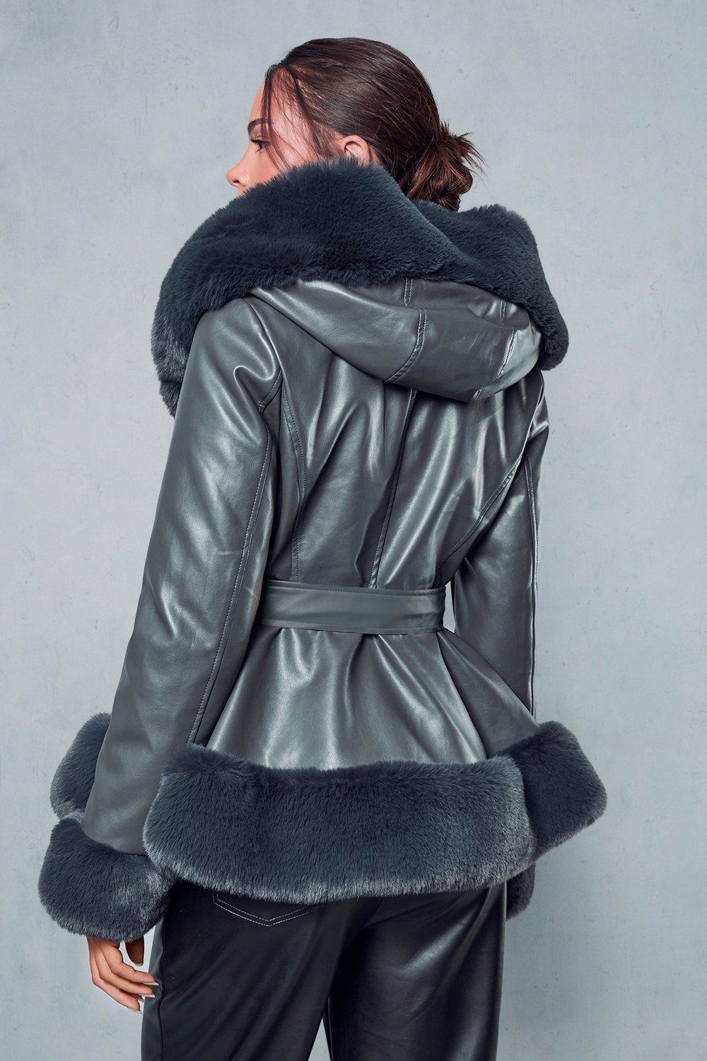 Jackets & Coats, Faux Fur Leather Look Belted Coat