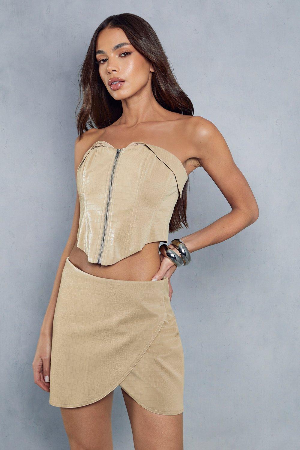 womens croc leather look wrap detail mini skirt - beige - 6, beige