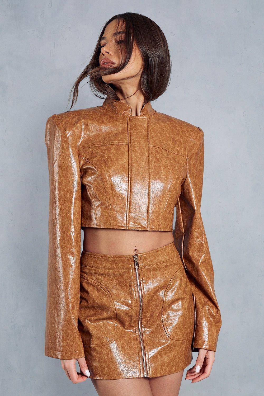 womens crackle leather look structured cropped jacket - tan - 6, tan