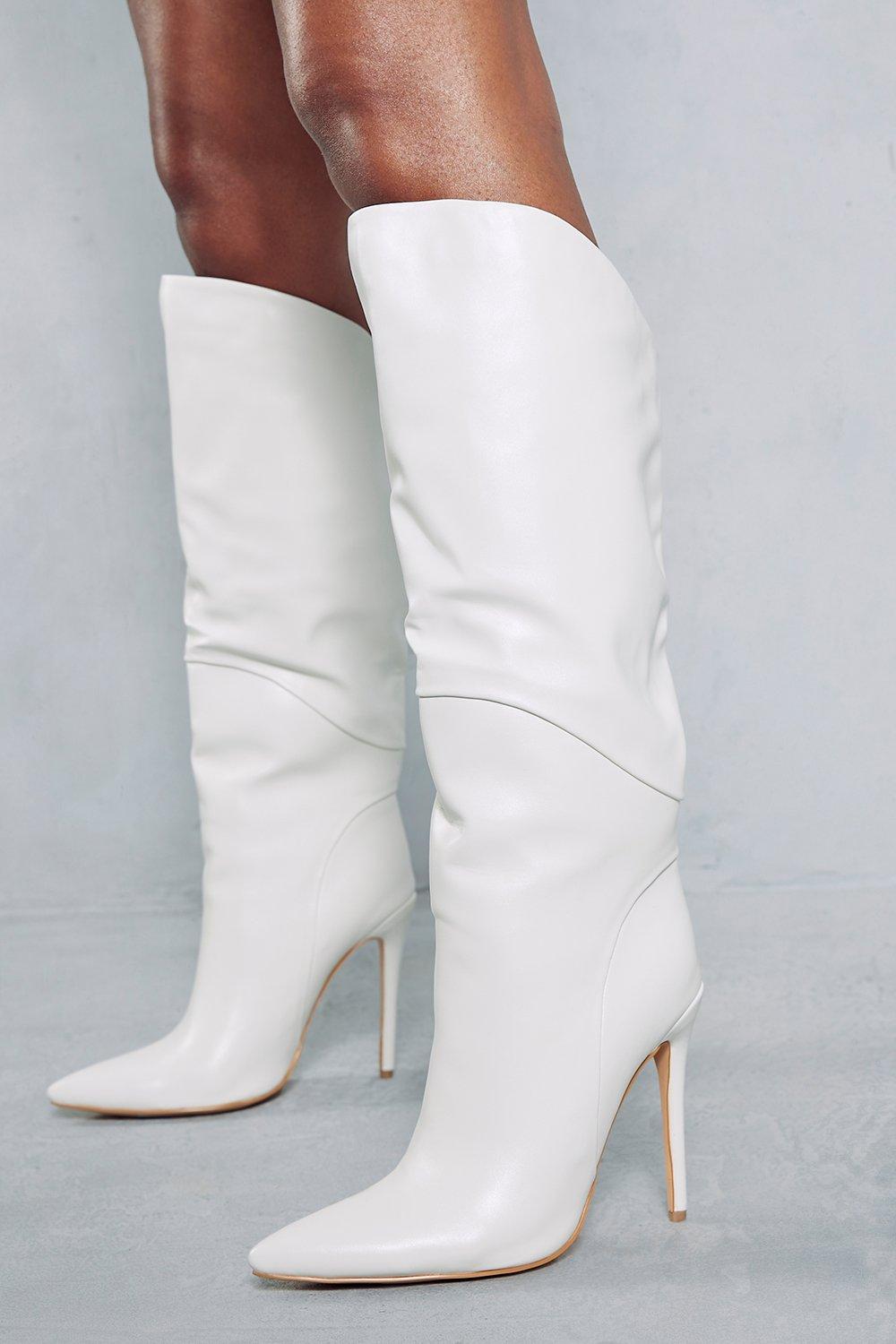 womens leather look dipped knee high boots - white - 3, white