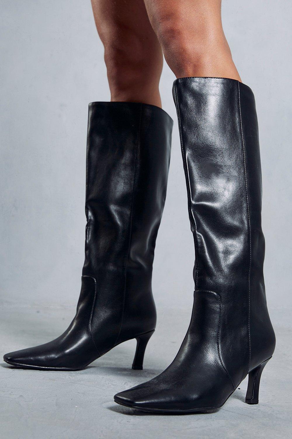 Tall black leather boots with store low heel