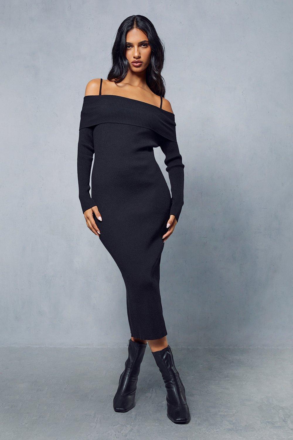 Ribbed bardot midi store dress