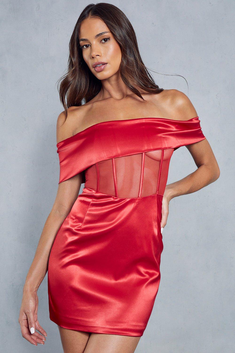 womens satin mesh insert corseted bardot bodycon mini dress - red - 6, red