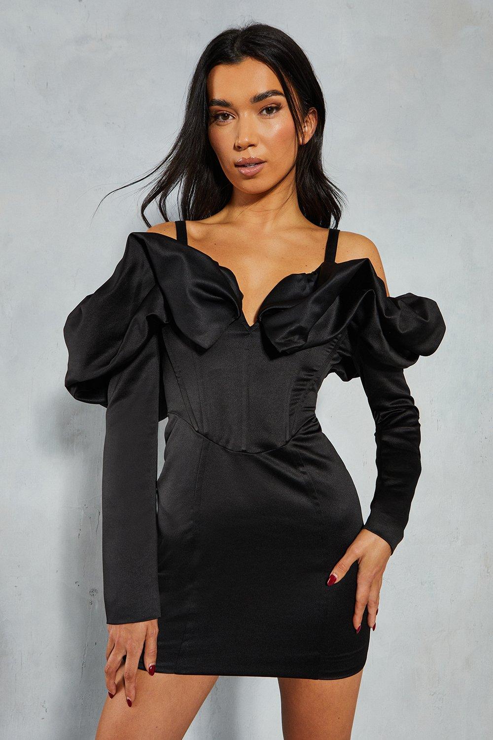 Womens Frill Sleeve Bardot Strap Detail Bodycon Mini Dress - Black - 6, Black