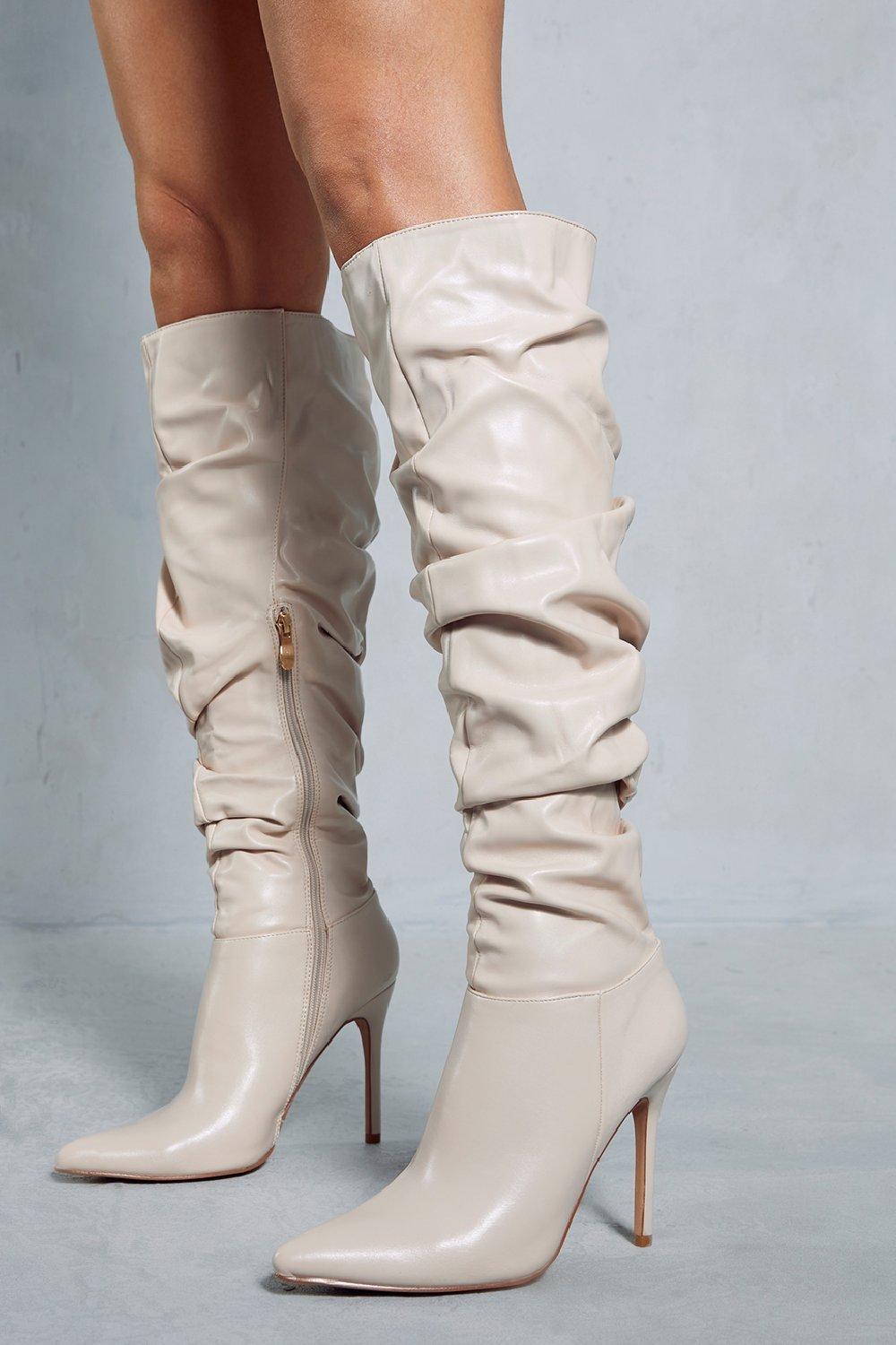 womens leather look ruched heeled boots - cream - 3, cream