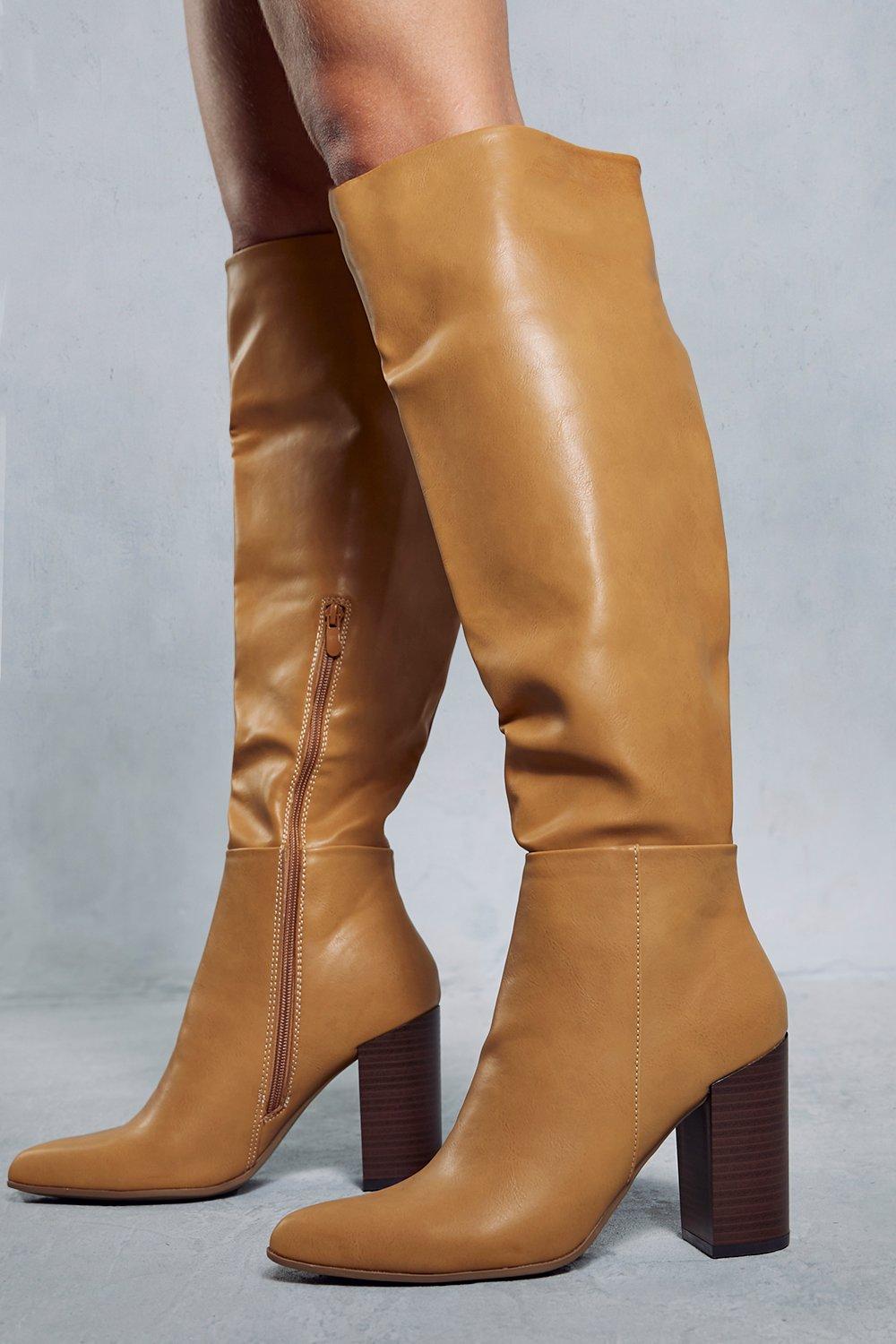 Tan leather knee 2025 high block heel boots