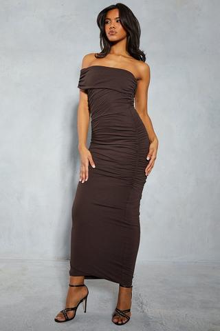 Shape Chocolate Brown Soft Rib Plunge Ruched Midaxi Dress