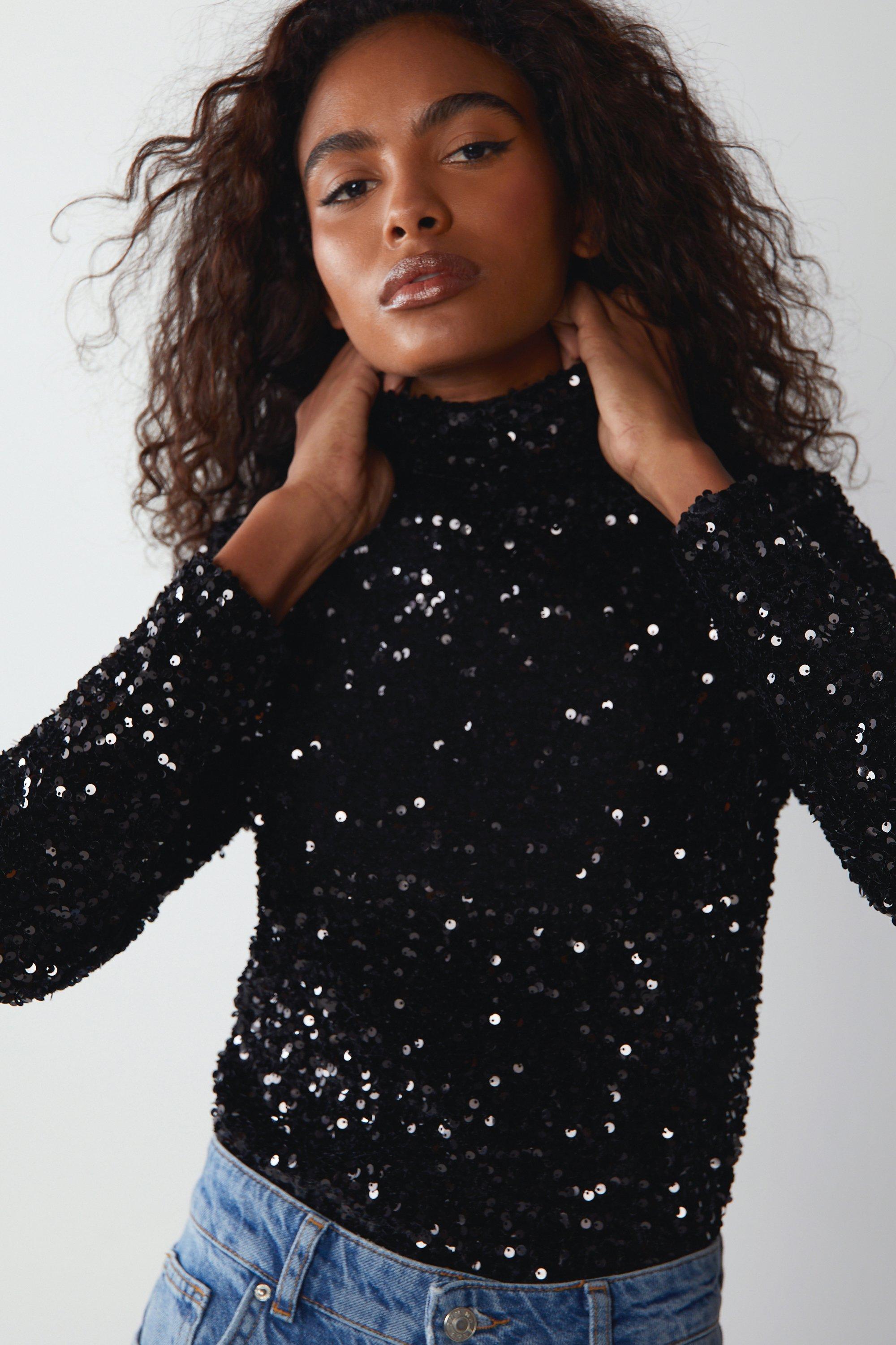 Tops | Velvet Sequin Funnel Neck Top | Warehouse