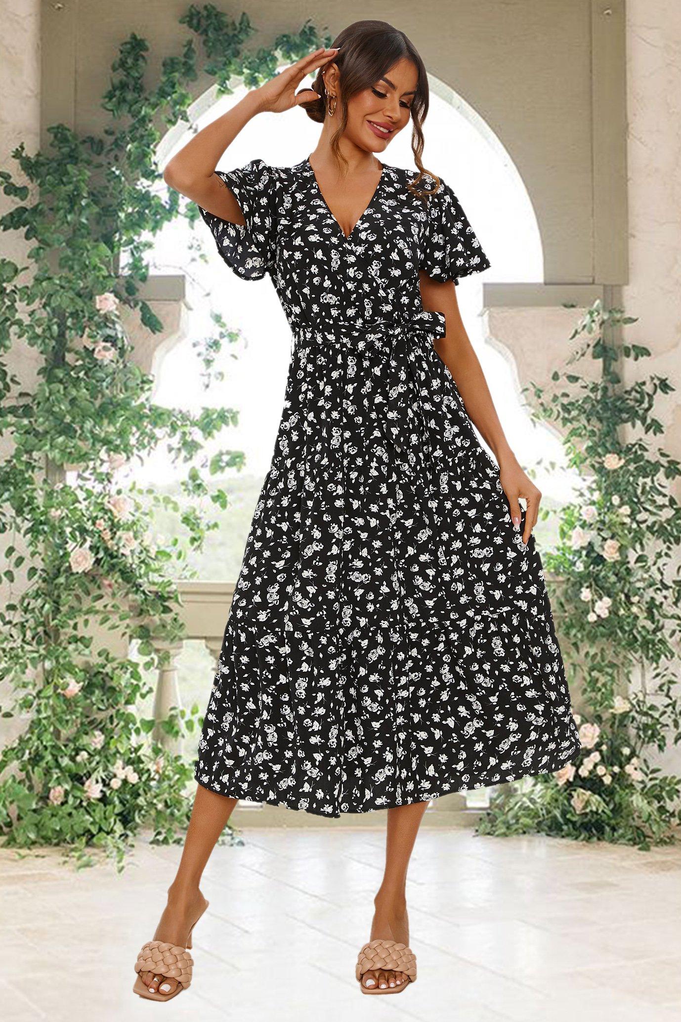 Dresses | White Floral Print Hem Tiered Wrap Midi Dress In Black | FS  Collection