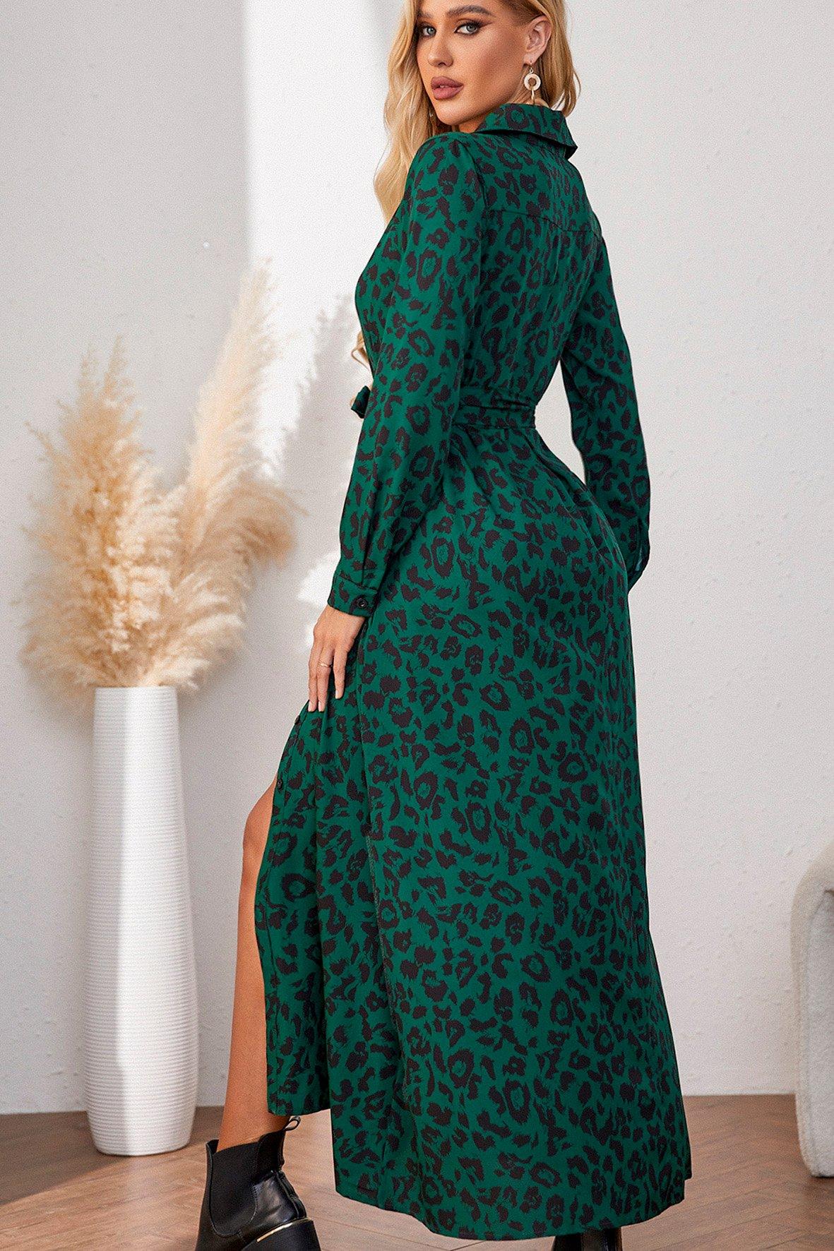 Dresses | Forest Green Wild Jungle Animal Print Maxi Shirt Dress With Tie  Waist + Free Gold Stretch Knotted Belt | FS Collection