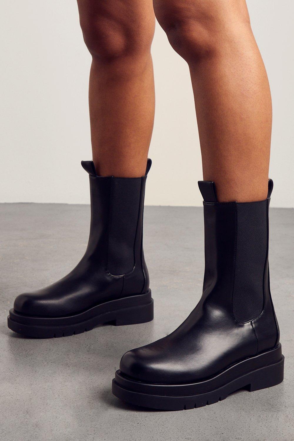 Boots | Leather Look Chunky Sole Ankle Boot | MissPap