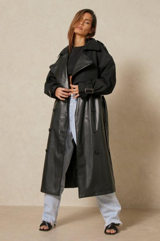 MissPap Faux Leather Contrast Fabric Trench Coat 1