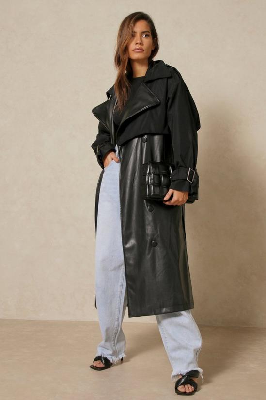 MissPap Faux Leather Contrast Fabric Trench Coat 4