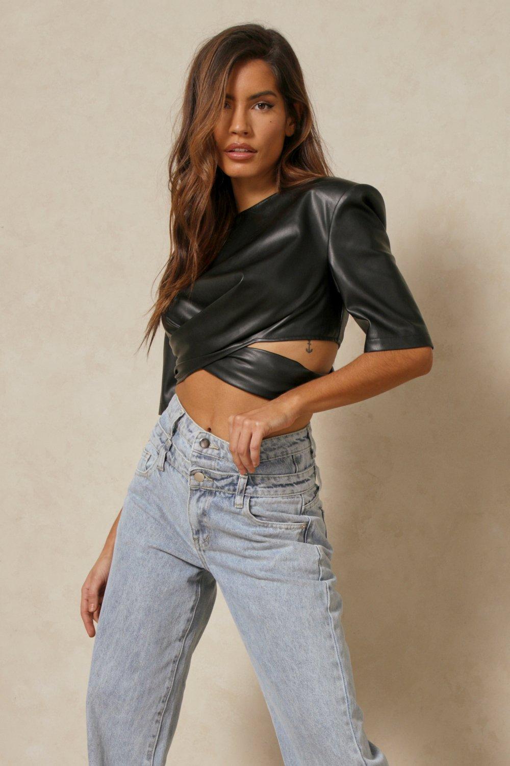 Tops, Leather Look Wrap Detail Top