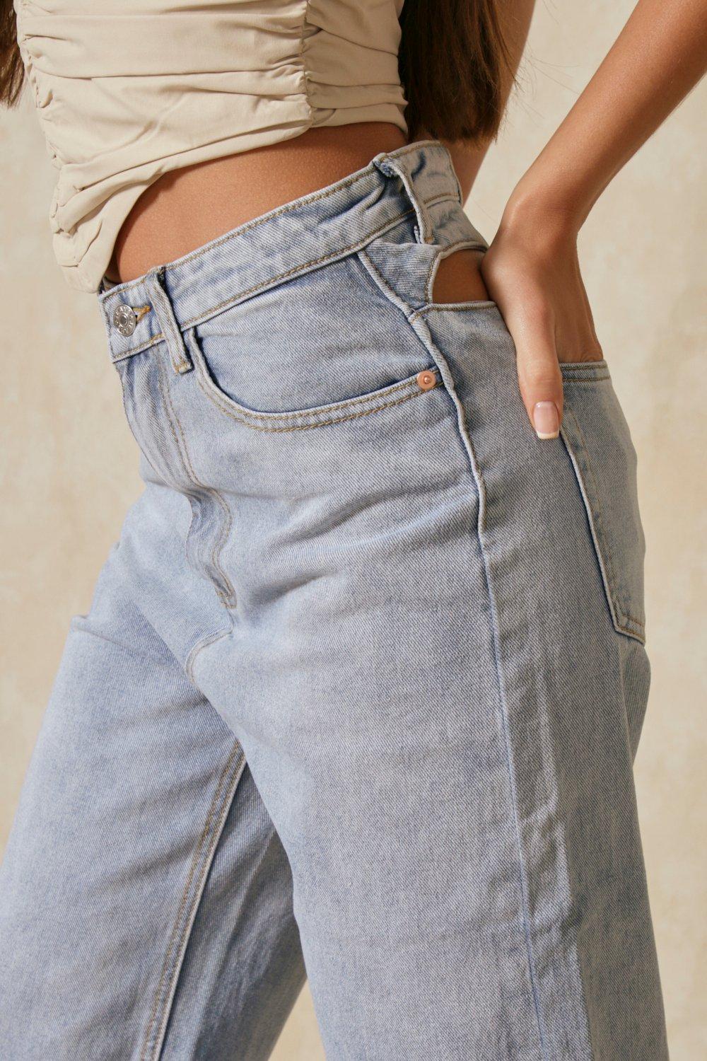 Thong Cut Out Detail Distressed Straight Leg Jeans