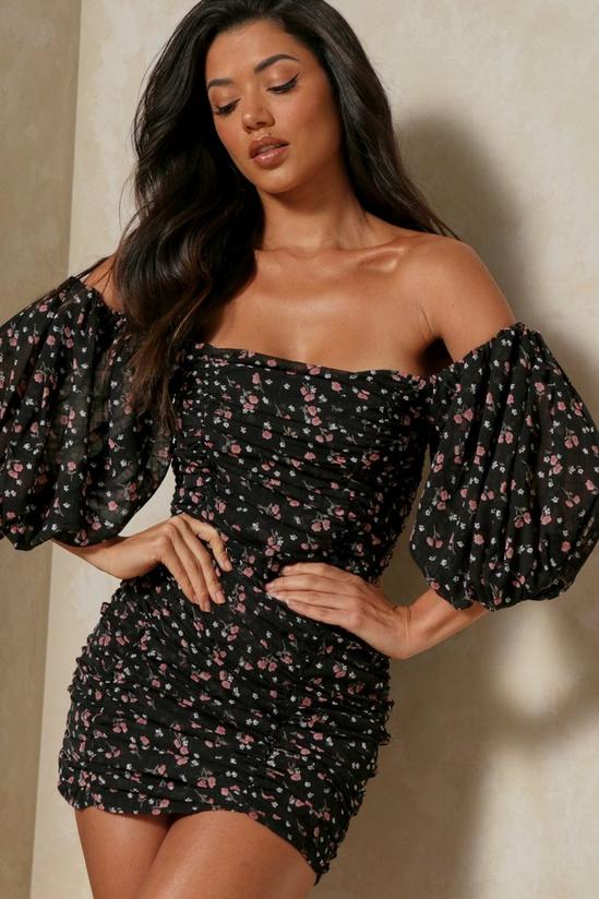 MissPap Floral Mesh Ruched Puff Sleeve Mini Dress 1