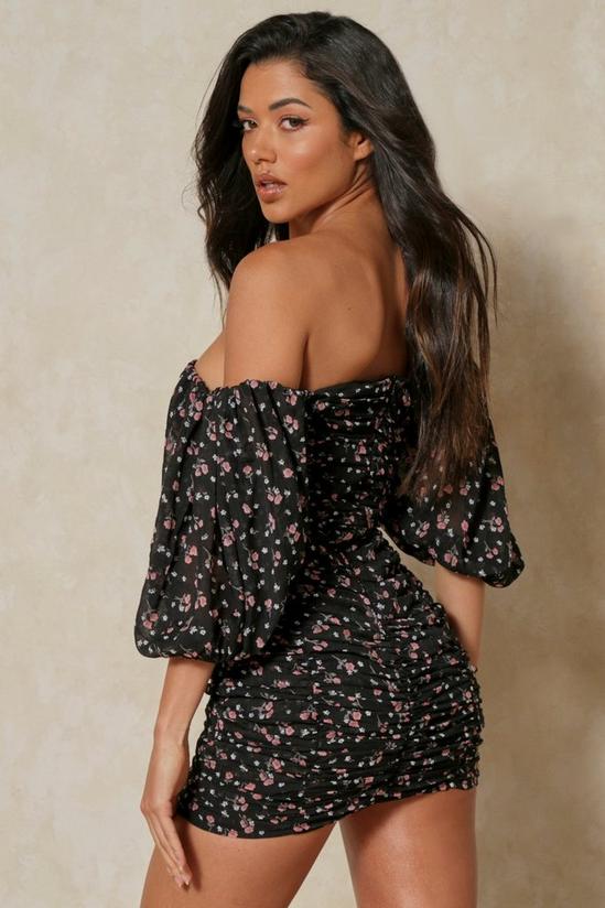 MissPap Floral Mesh Ruched Puff Sleeve Mini Dress 3
