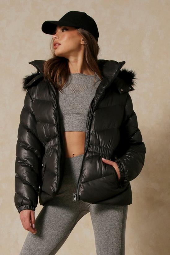 MissPap Gathered Waist Faux Fur Hooded Puffer Coat 1