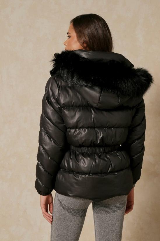 MissPap Gathered Waist Faux Fur Hooded Puffer Coat 3