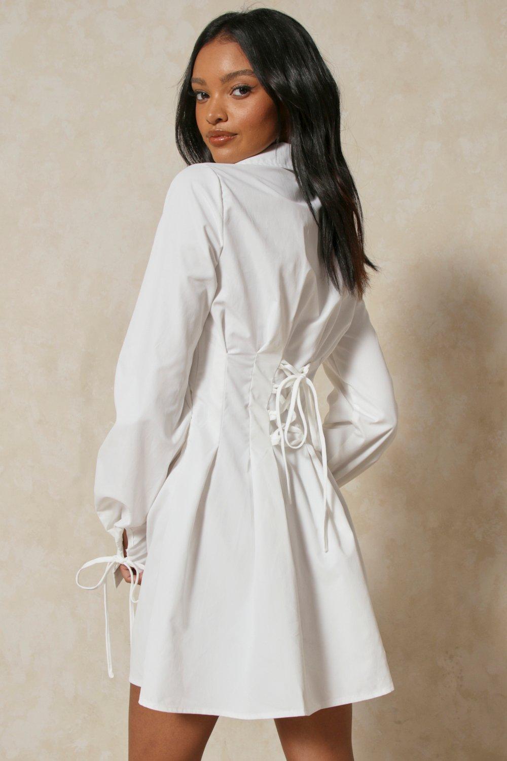 White button down faux pearl skater hot sale shirt dress