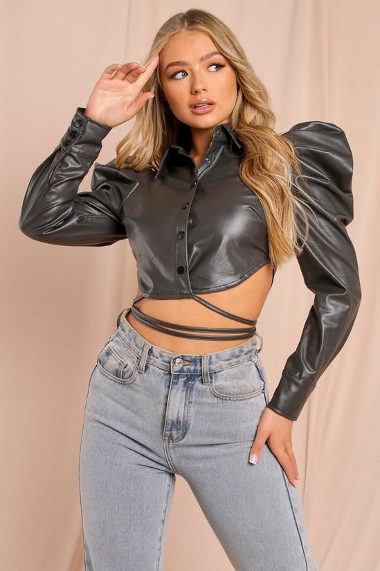MissPap Leather Look Puff Sleeve Cropped Shirt 1