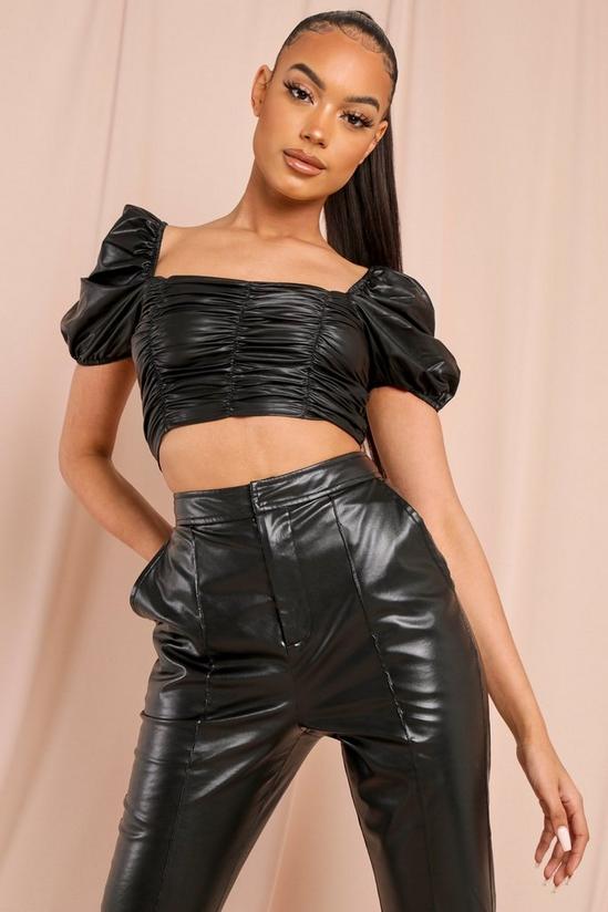 MissPap Leather Look Extreme Puff Sleeve Crop Top 1